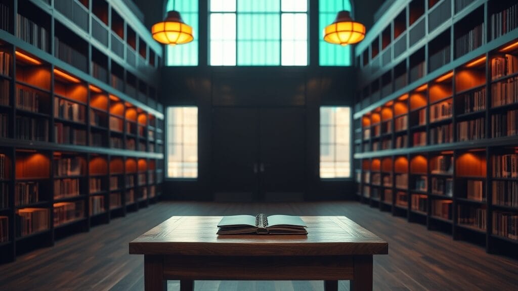 Salle de lecture institutionnelle vide, table en chêne et étagères en bois sombre dans une pénombre travaillée.