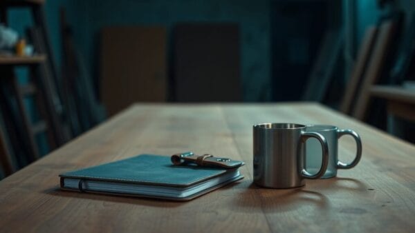 Atelier de travail ordonné avec carnet fermé, outils mécaniques et tasse en acier brossé sur établi en bois.