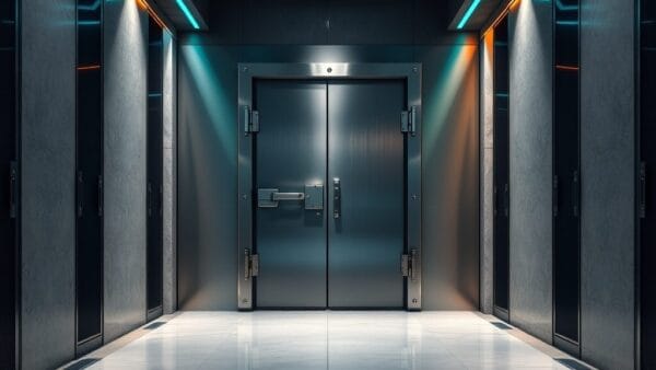 Porte de coffre-fort en acier brossé entrouverte dans un couloir institutionnel sombre.