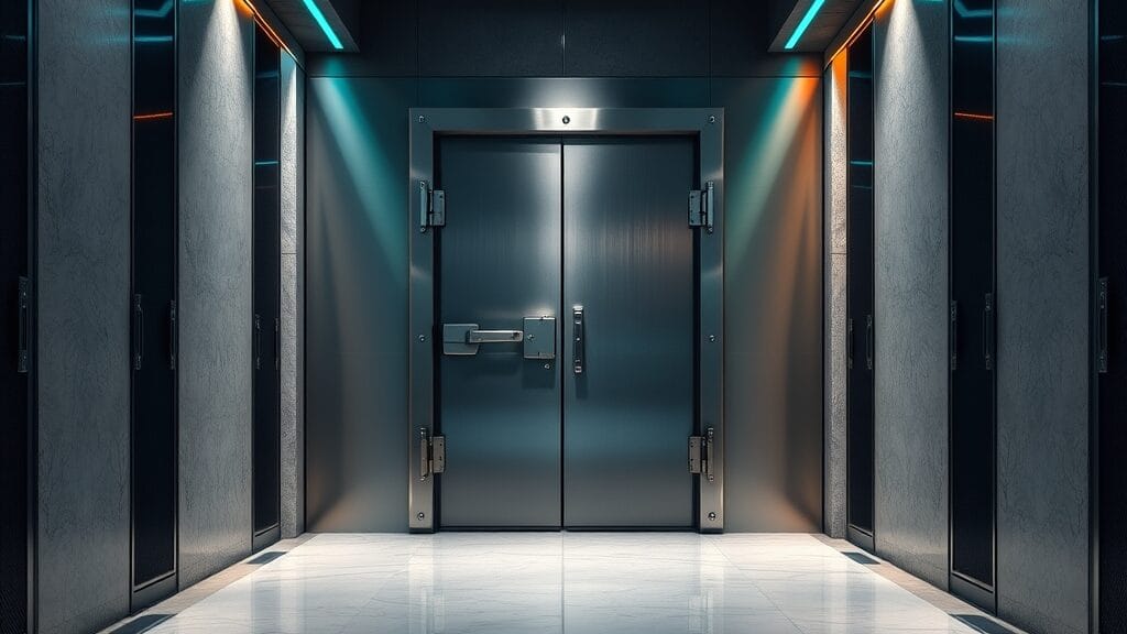 Porte de coffre-fort en acier brossé entrouverte dans un couloir institutionnel sombre.