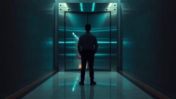Porte de chambre forte entrouverte dans un couloir institutionnel sombre, silhouette d'analyste de dos au loin.