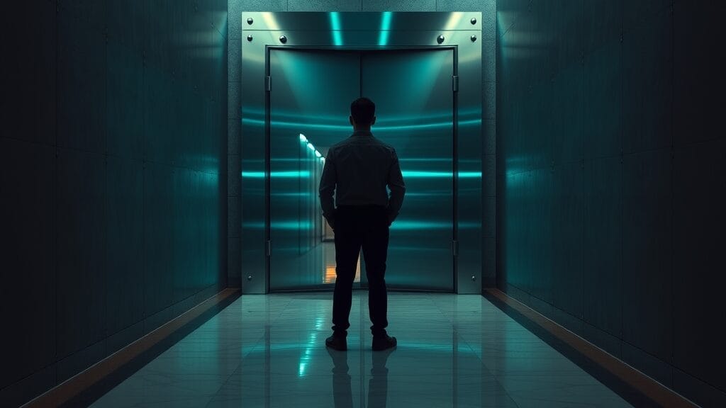Porte de chambre forte entrouverte dans un couloir institutionnel sombre, silhouette d'analyste de dos au loin.