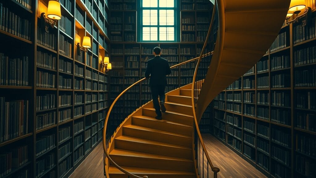 Comment monter ta veille IA française quotidienne en 2026 (guide complet, 20 min chrono) 1 Silhouette de dos gravissant un escalier en spirale dans une bibliothèque feutrée aux tons navy et ambre.