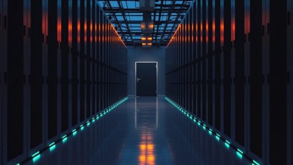 Salle des machines vide au crépuscule, baies de serveurs en acier brossé alignées dans un long corridor silencieux.