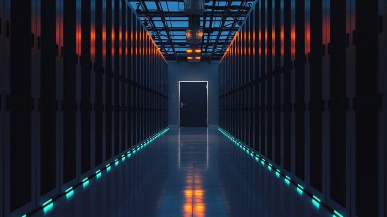 Salle des machines vide au crépuscule, baies de serveurs en acier brossé alignées dans un long corridor silencieux.