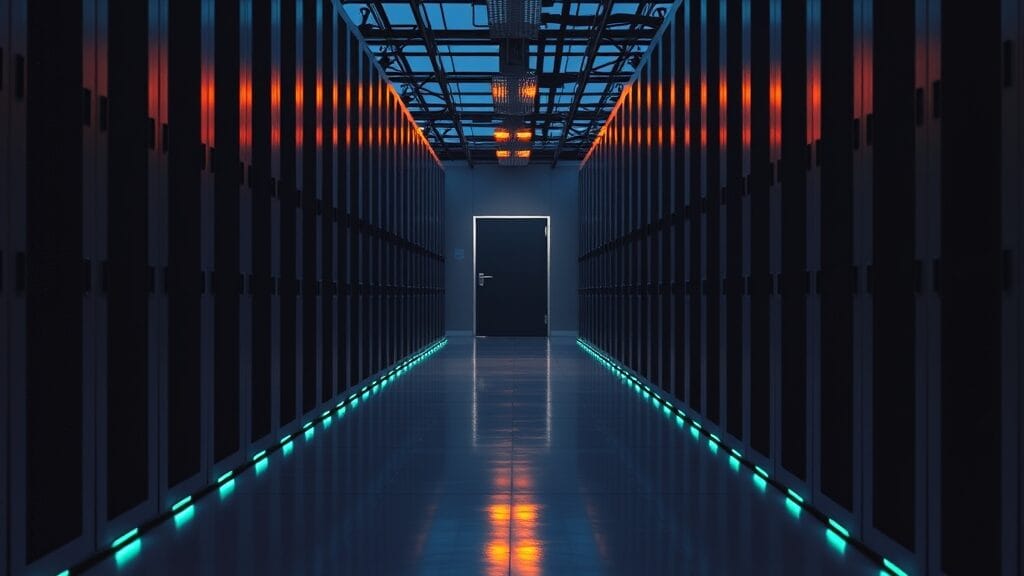 Salle des machines vide au crépuscule, baies de serveurs en acier brossé alignées dans un long corridor silencieux.