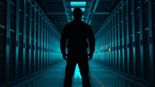 Couloir de salle des serveurs faiblement éclairé, silhouette d'un technicien de dos au loin.