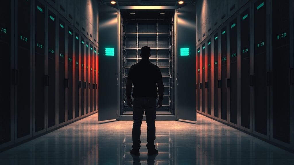 CVE-2026-28952 : Claude découvre une faille critique du noyau macOS 26.5 1 Salle serveur institutionnelle silhouette d'ingénieur de dos lumière émeraude tamisée