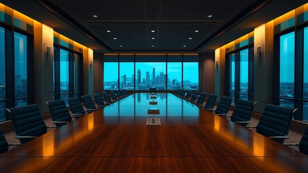 Salle de conseil institutionnelle vide au crépuscule, table en bois sombre et fauteuils alignés, baies vitrées ouvertes sur la ville.
