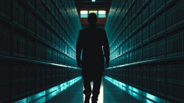 Couloir d'archives, silhouette d'archiviste s'éloignant entre rayonnages, lumière tamisée.