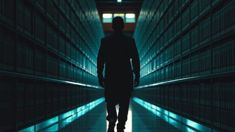 DELEGATE-52 : les LLM corrompent 25 % des documents délégués 5 Couloir d'archives, silhouette d'archiviste s'éloignant entre rayonnages, lumière tamisée.