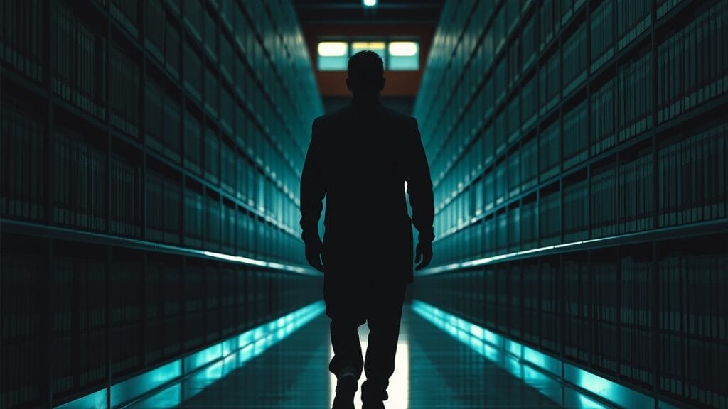 Couloir d'archives, silhouette d'archiviste s'éloignant entre rayonnages, lumière tamisée.