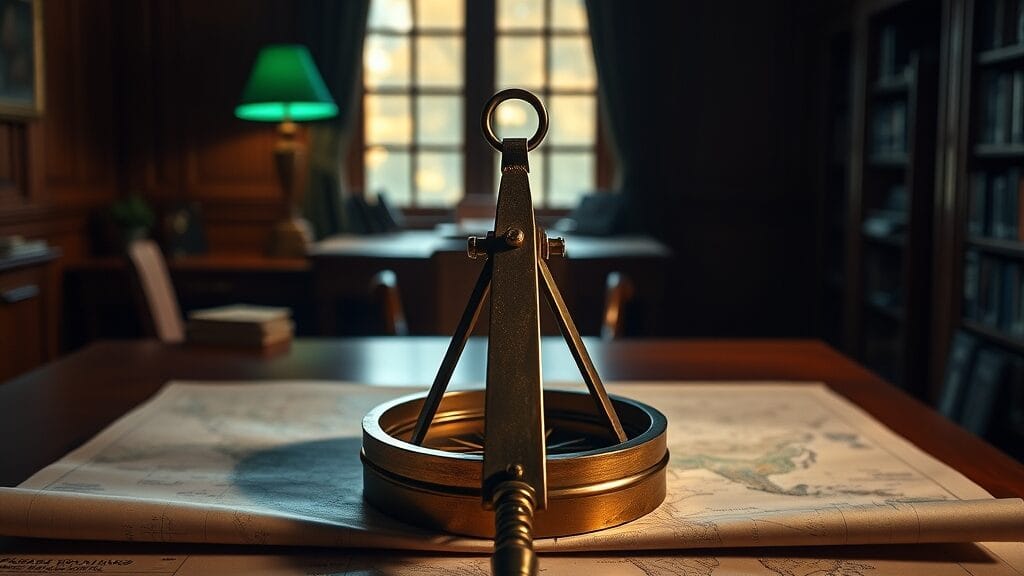 Boussole en bronze posée sur une carte papier dans un bureau en bois sombre éclairé d'une lumière émeraude.