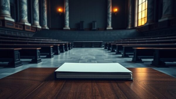 Salle d'audience vide au crépuscule, dossier fermé posé sur une table en bois sombre.