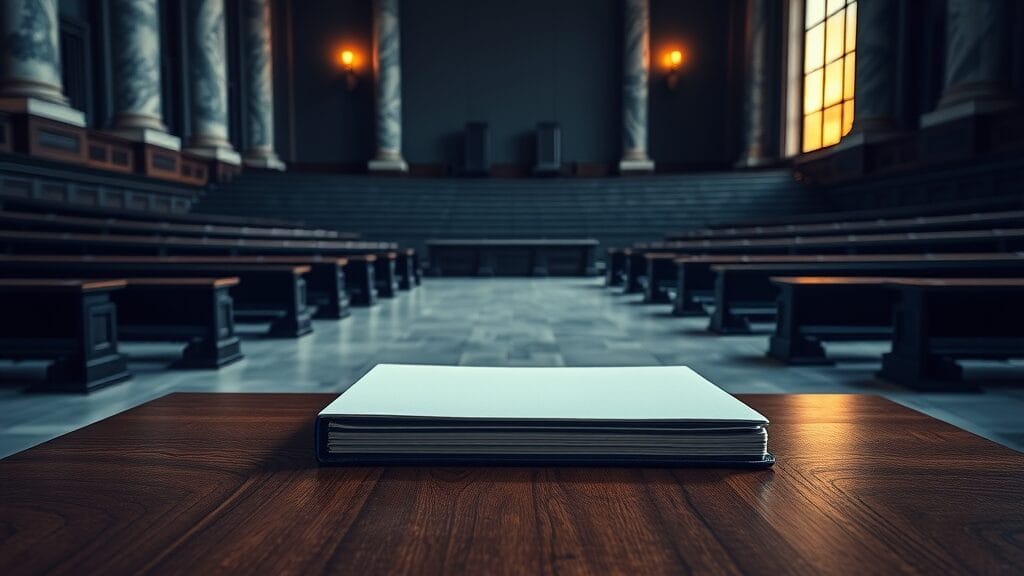 Salle d'audience vide au crépuscule, dossier fermé posé sur une table en bois sombre.