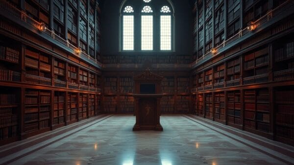 Bibliothèque vaticane vide au crépuscule, lectern en bois sombre sous des fenêtres arquées, marbre poli.