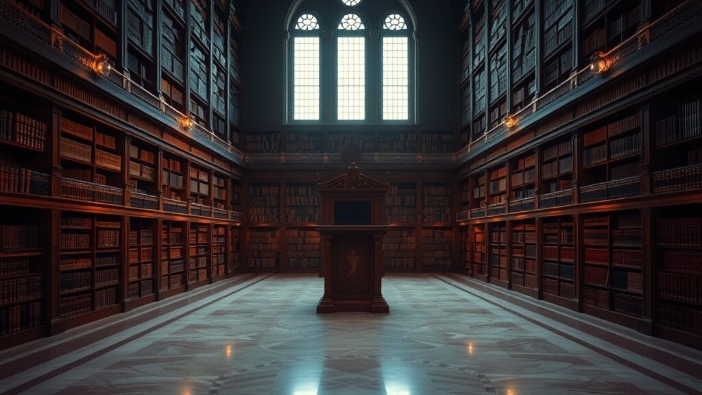 Bibliothèque vaticane vide au crépuscule, lectern en bois sombre sous des fenêtres arquées, marbre poli.