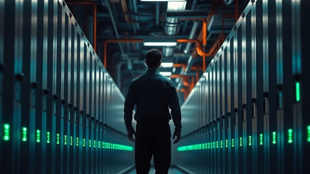 Forge : anatomie d'un cadre Python qui hisse un modèle 8B à 99 % sur les tâches agentiques 1 Salle machine sombre aux baies métalliques alignées, silhouette d'un technicien de dos au fond de l'allée.