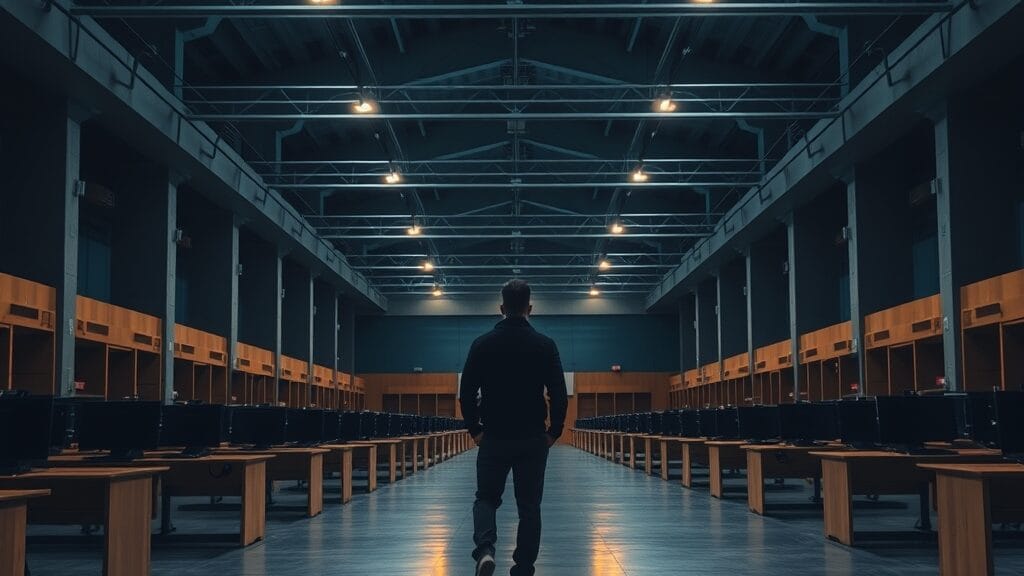 Salle de compétition CTF vide au crépuscule, une silhouette de dos au loin sous des arches de béton.