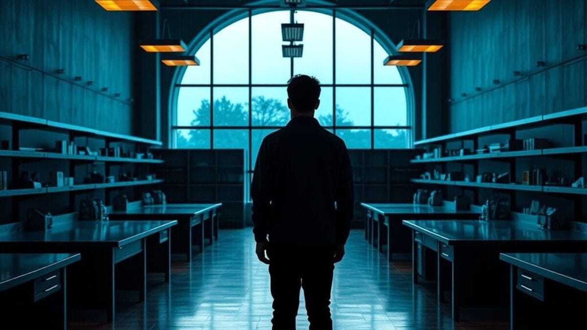 Silhouette d'un étudiant de dos dans un laboratoire universitaire baigné de lumière ambrée au crépuscule.