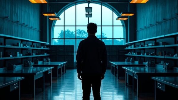 Silhouette d'un étudiant de dos dans un laboratoire universitaire baigné de lumière ambrée au crépuscule.