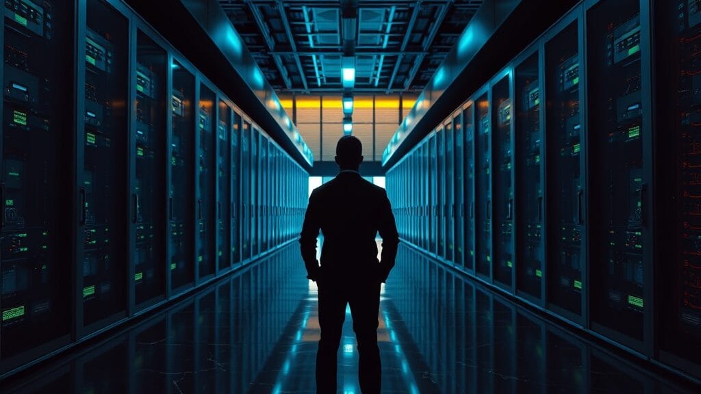 Gemini 3.5 Flash : anatomie du pari agents de Google 1 Salle de serveurs institutionnelle au crépuscule, silhouette d'analyste à distance, ambiance émeraude et ambre.