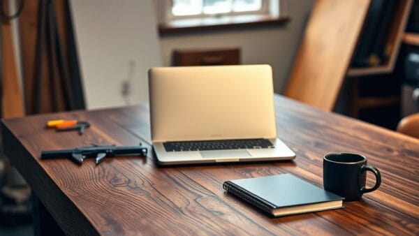 Atelier de test ordonné avec ordinateur portable fermé, carnet en acier brossé et tasse sombre sur établi en noyer.