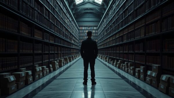 Archive institutionnelle au crépuscule, longues étagères en chêne et silhouette d'archiviste de dos.