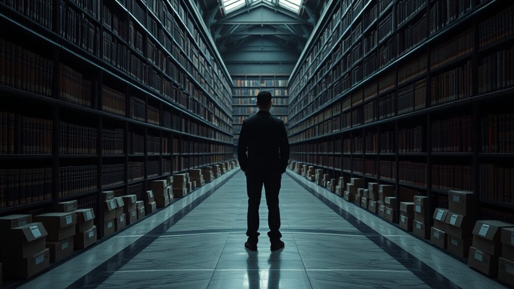 Archive institutionnelle au crépuscule, longues étagères en chêne et silhouette d'archiviste de dos.