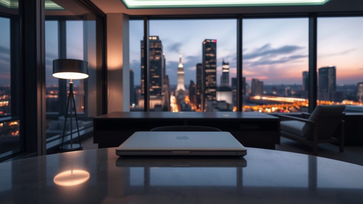 Gemini Spark : Google lance son assistant IA 24h/24 1 Laptop fermé sur un bureau en bois sombre dans un bureau d'angle vide au crépuscule, lumière ambiante feutrée.