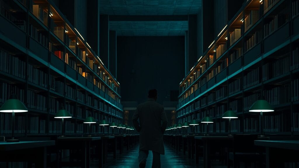 Bibliothèque de recherche au crépuscule, silhouette d'un chercheur de dos remontant l'allée centrale.