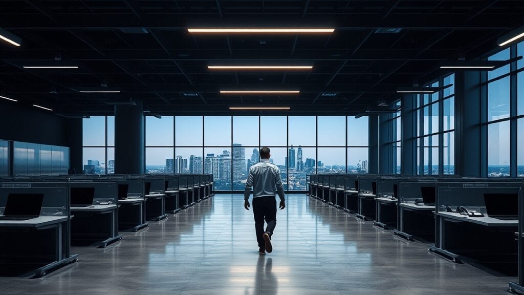 Bureaux IT déserts au crépuscule avec une silhouette qui s'éloigne, ambiance de recomposition d'équipe.