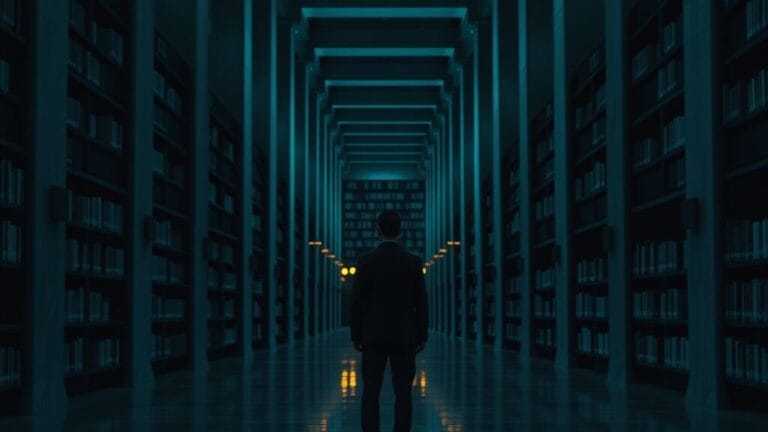 Google AI Overviews : j'ai testé la refonte zéro clic 30 jours, mon verdict 11 Vaste bibliothèque institutionnelle au crépuscule, silhouette isolée de dos au fond de la salle.