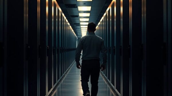 Silhouette d'un ingénieur de dos dans un long couloir de data center, racks de serveurs éclairés sur les côtés.