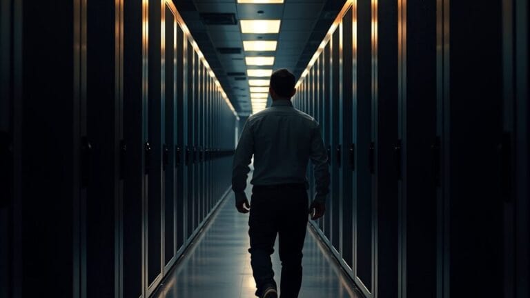 Silhouette d'un ingénieur de dos dans un long couloir de data center, racks de serveurs éclairés sur les côtés.