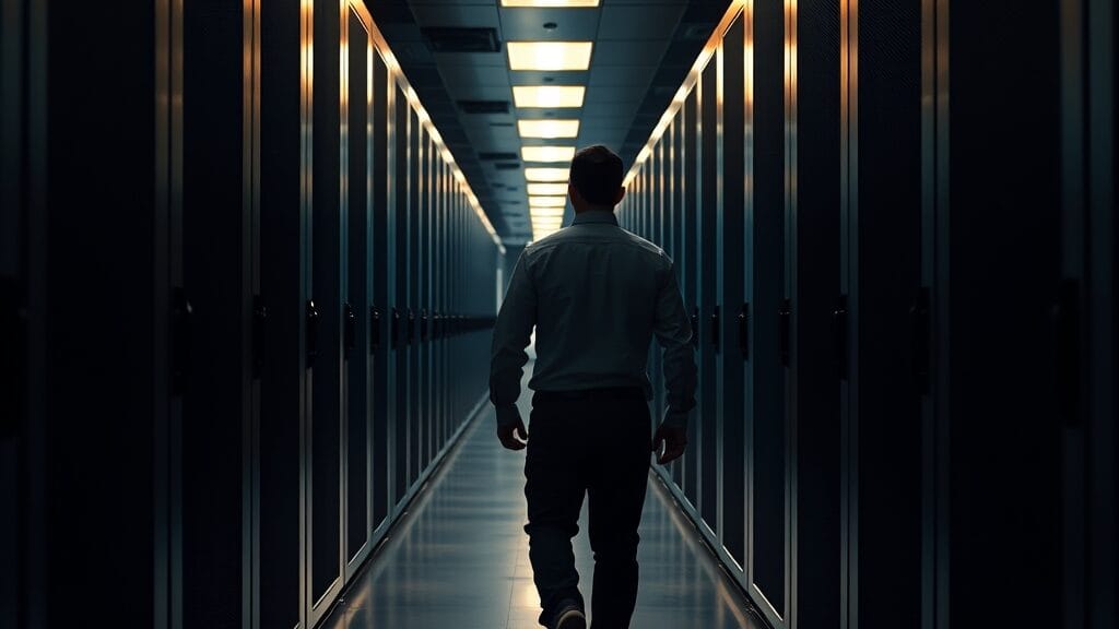 Silhouette d'un ingénieur de dos dans un long couloir de data center, racks de serveurs éclairés sur les côtés.