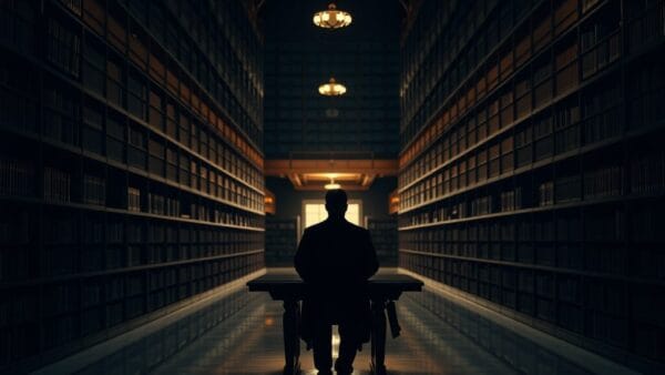 Bibliothèque institutionnelle silencieuse au crépuscule, table de lecture vide éclairée par une lampe en laiton.