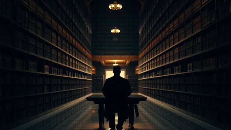Bibliothèque institutionnelle silencieuse au crépuscule, table de lecture vide éclairée par une lampe en laiton.