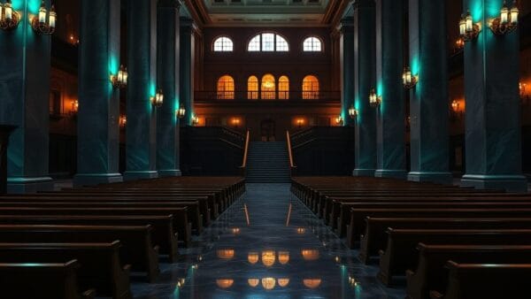 Intérieur de palais de justice désert au crépuscule, marbre, boiseries sombres et escaliers en laiton.