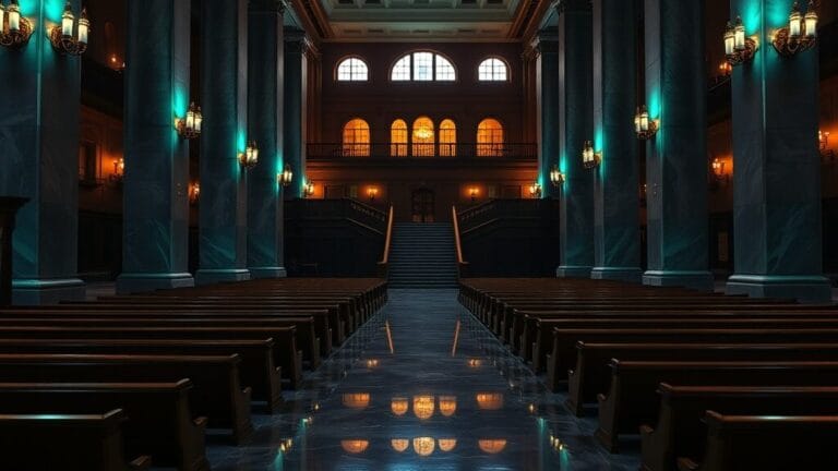 Intérieur de palais de justice désert au crépuscule, marbre, boiseries sombres et escaliers en laiton.