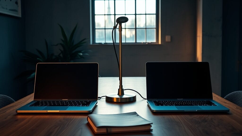 Deux ordinateurs portables fermés côte à côte sur un bureau d'acier brossé, dans une lumière éditoriale calme.