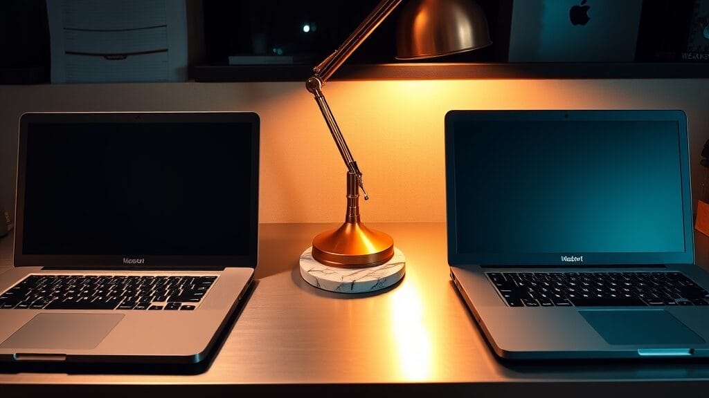 Deux ordinateurs portables fermés sur un bureau en acier brossé, éclairés par une lampe en cuivre au crépuscule.