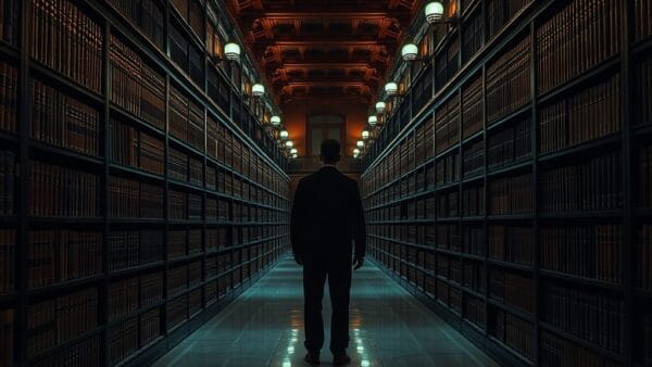 Bibliothèque institutionnelle au crépuscule avec une étagère d'encyclopédies vide et un chercheur en silhouette au fond de l'allée.