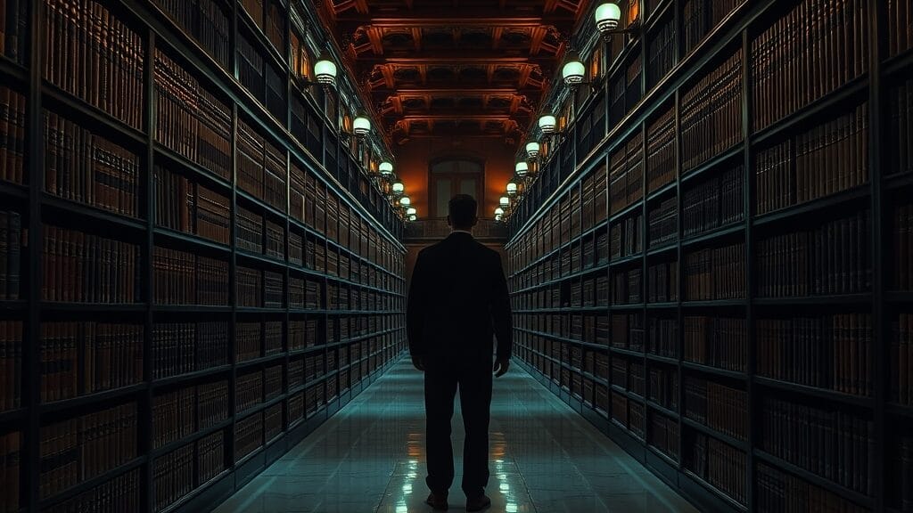Bibliothèque institutionnelle au crépuscule avec une étagère d'encyclopédies vide et un chercheur en silhouette au fond de l'allée.