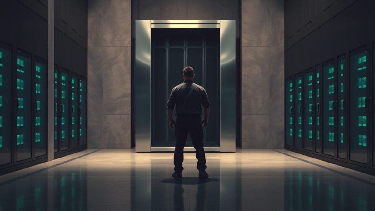 Porte de baie serveur entrouverte dans une salle machine sombre, silhouette de technicien de dos au loin.