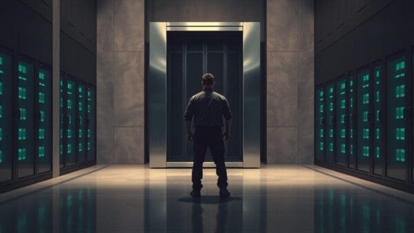 Porte de baie serveur entrouverte dans une salle machine sombre, silhouette de technicien de dos au loin.