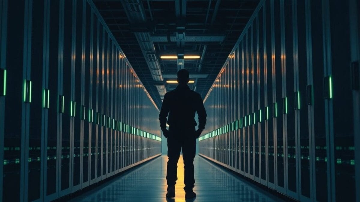Couloir de salle serveurs au crépuscule, silhouette d'un technicien de dos au loin, lumières émeraude sur acier brossé.