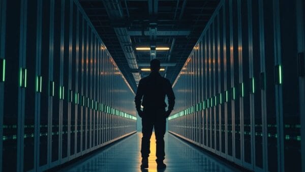 Couloir de salle serveurs au crépuscule, silhouette d'un technicien de dos au loin, lumières émeraude sur acier brossé.