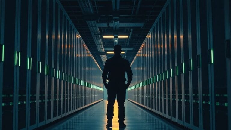 Couloir de salle serveurs au crépuscule, silhouette d'un technicien de dos au loin, lumières émeraude sur acier brossé.
