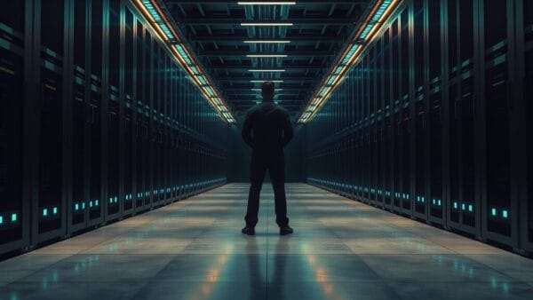Vue large d'une salle de serveurs aux racks d'acier brossé, lumières émeraude et silhouette d'un technicien au loin.